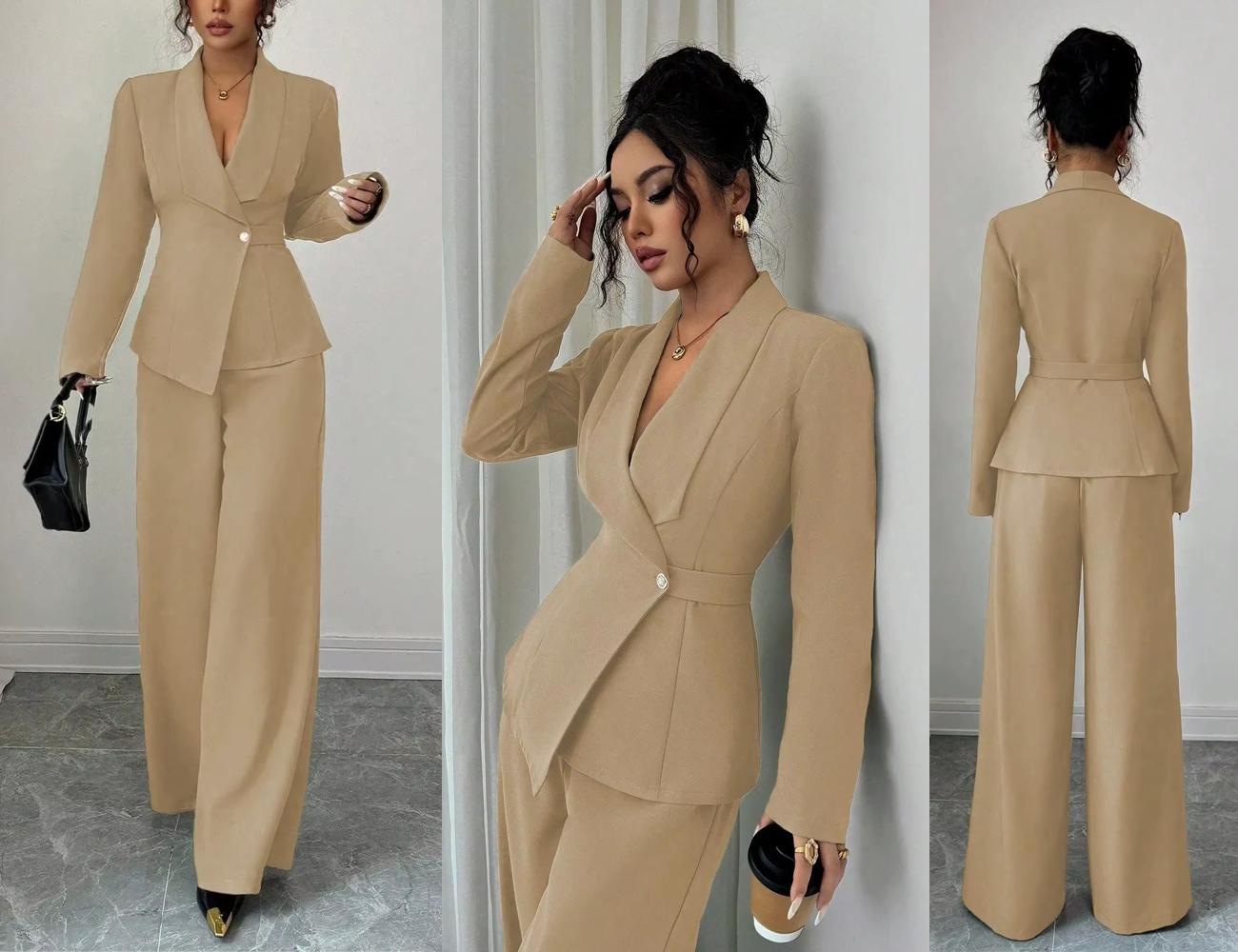 Ensemble femme beige élégant avec blazer croisé et pantalon large – vues face détail et dos