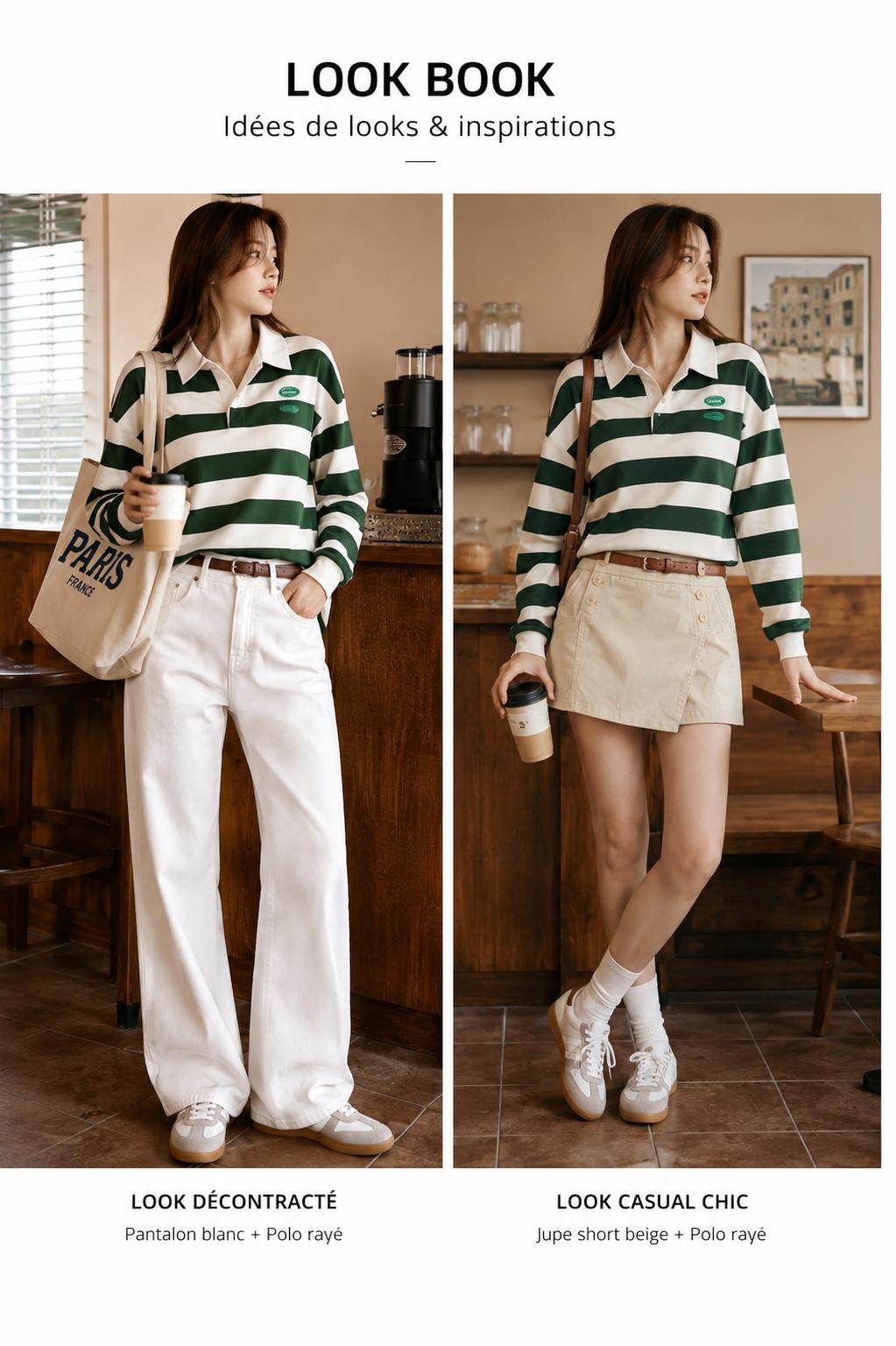 Polo Héritage Riviera Polo rayé vert et blanc femme style casual chic avec pantalon blanc