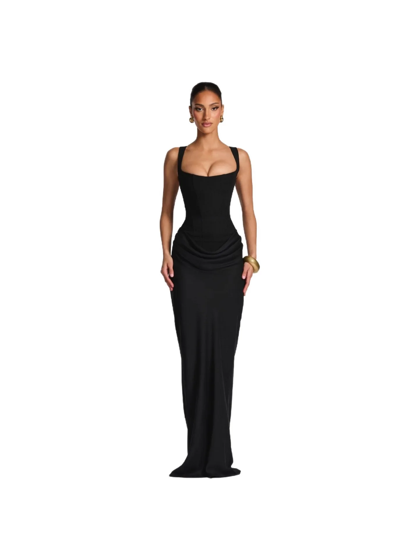 Robe longue moulante à bretelles en os de poisson pour femme, collection Printemps 2026, style sexy, sans épaules, couleur unie Robe longue moulante à bretelles, style sexy, sans épaules, couleur unie