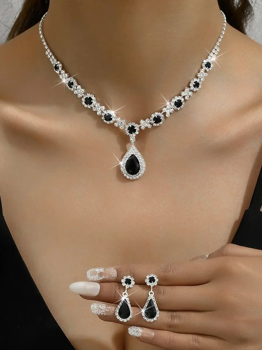 Ensemble de 3 colliers gouttelettes de cristal pour femmes, avec boucles d'oreilles, accessoires pour robe de soirée de mariage Parure Cristal Élégance Royale Noire & Bleue