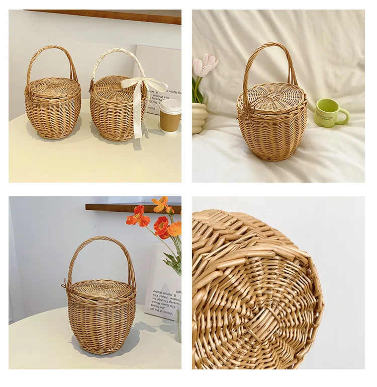 Panier Riviera Élégance en osier pour femme, en rotin naturel, avec couvercle