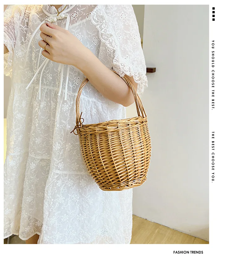 Sac en osier pour femme, sac de plage d'été en rotin naturel, sacs seau en paille avec couvercle, sacs à main tissés à la main, décoration intérieure et pique-nique