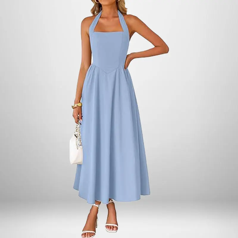 Robe Longue Élégante Femme – Col Carré et Bretelles Nouées