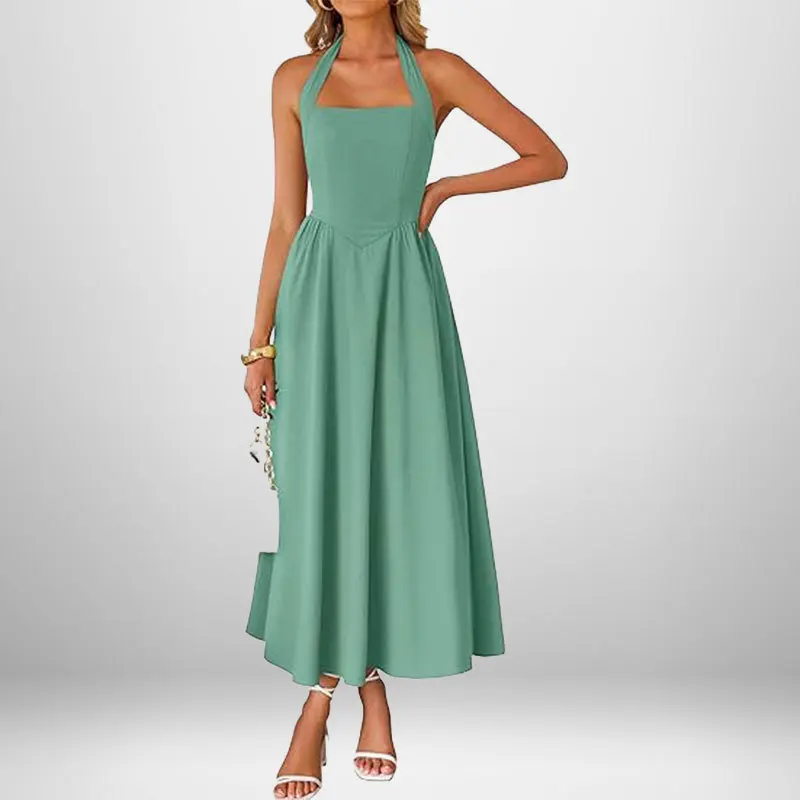 Robe Longue Élégante Femme – Col Carré et Bretelles Nouées