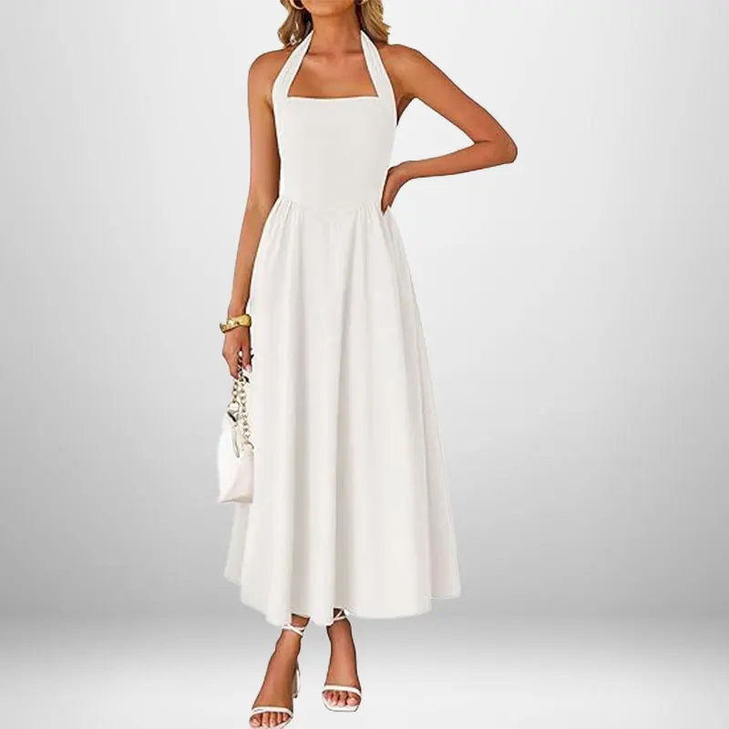 Robe Longue Élégante Femme – Col Carré et Bretelles Nouées