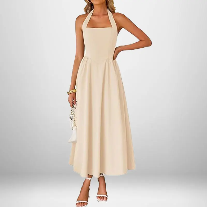 Robe Longue Élégante Femme – Col Carré et Bretelles Nouées