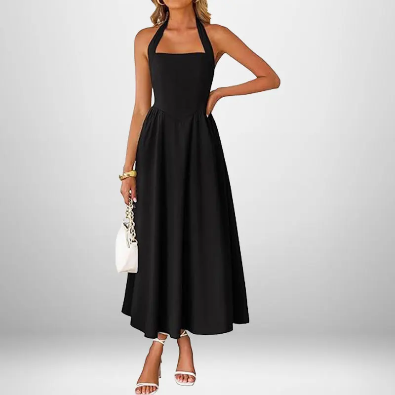 Robe Longue Élégante Femme – Col Carré et Bretelles Nouées