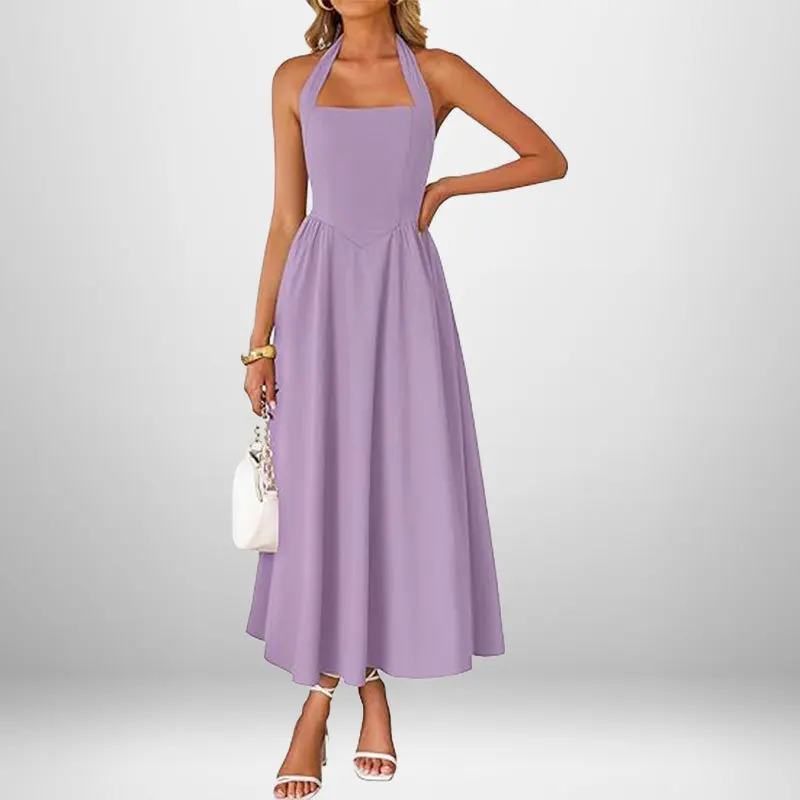 Robe Longue Élégante Femme – Col Carré et Bretelles Nouées