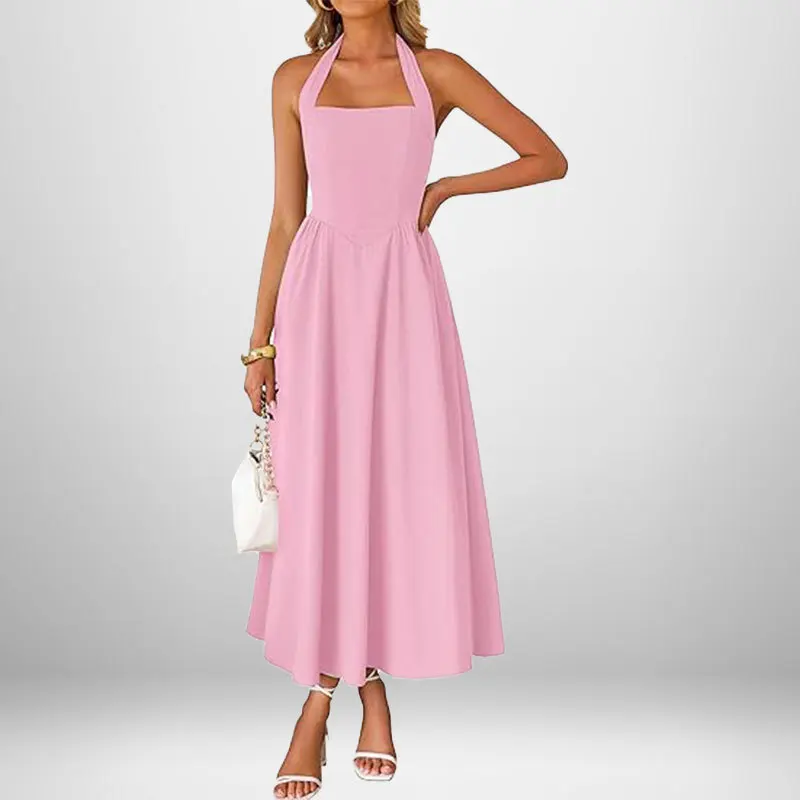 Robe Longue Élégante Femme – Col Carré et Bretelles Nouées